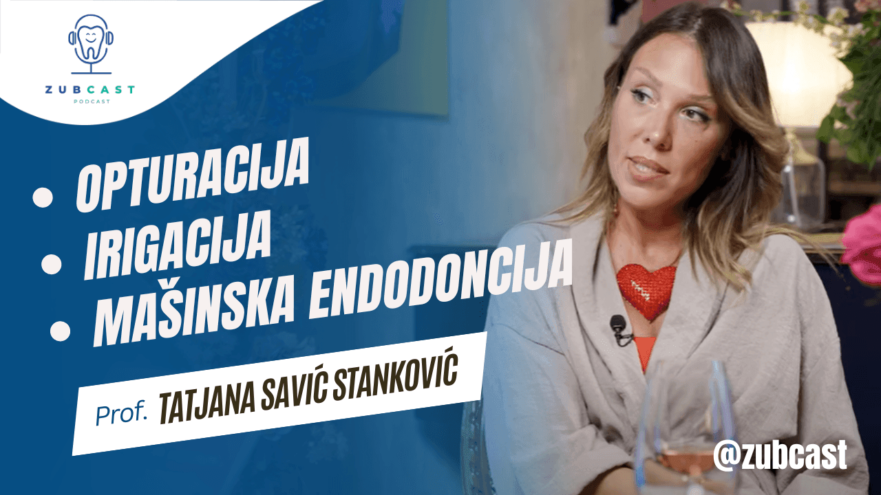 Woman speaking on Zubcast podcast, discussing dental procedures with text overlay in Serbian.