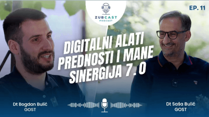 Two men discussing digital tools on Zubcast podcast episode 11 with text overlay in Serbian.