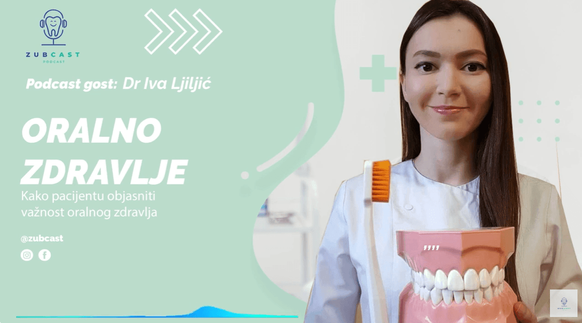 Smiling woman holding a dental model and toothbrush, promoting oral health podcast.